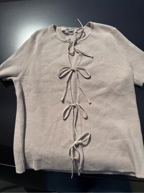 Abercrombie and fitch Tie-Front Ribbed Short Sleeve Top in Light Taupe